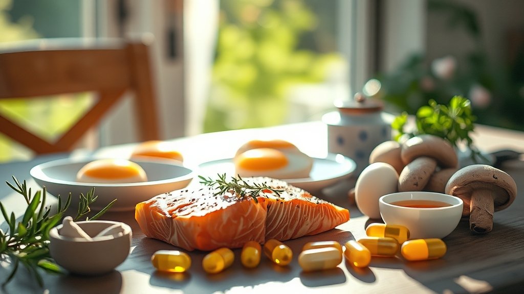 비타민D 보충, 햇빛, 음식, 보충제 (realistic 스타일)