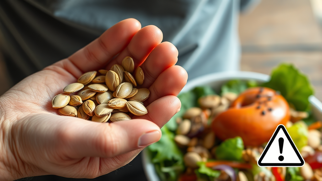 호박씨 섭취 시 주의사항 (realistic 스타일)