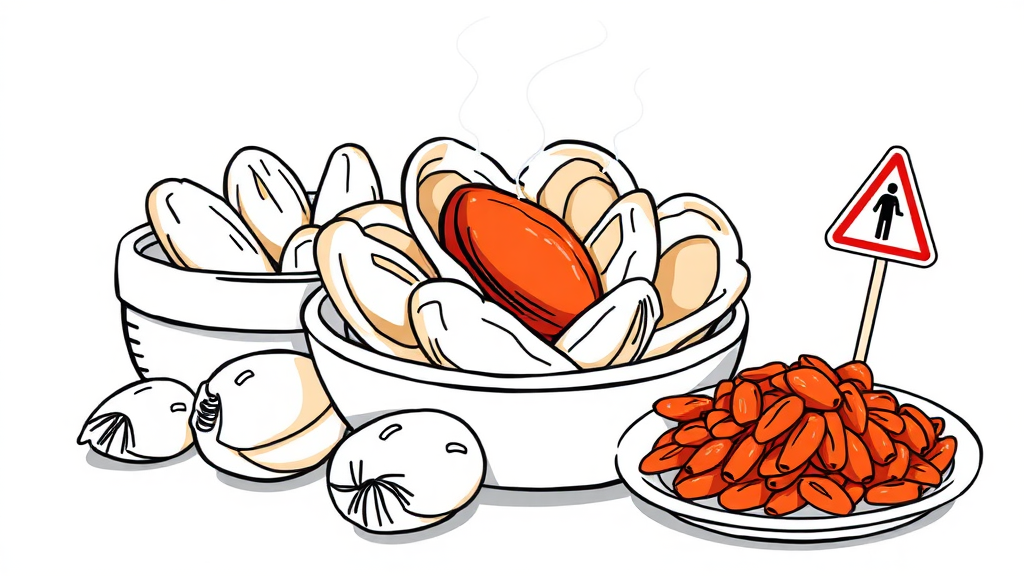 꼬막 섭취 시 주의사항 (illustration 스타일)